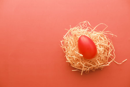 easter concept with red color egg on a red backgroundの写真素材