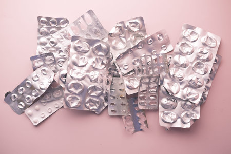 many empty pills of blister pack on table