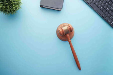 gavel and book with copy space on tableの写真素材