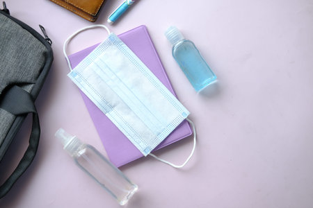 Close up of blue surgical masks on office deks