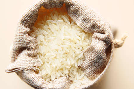Rice in a bag on table top viewの写真素材