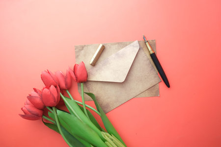 envelope, red tulip, empty paper and fountain pen
