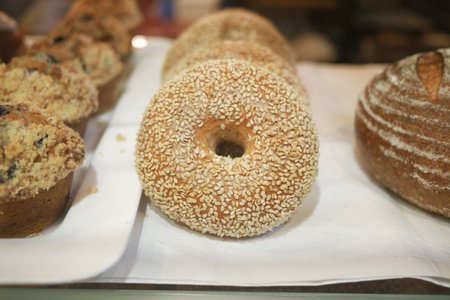 Baked pastry with glass window in the bakery ,の写真素材