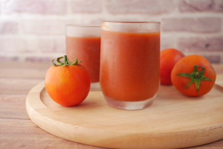 tomato sauce in a jar with fresh tomato on tableの写真素材