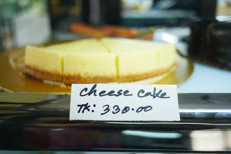 displaying slice of cheese cake at local storeの写真素材