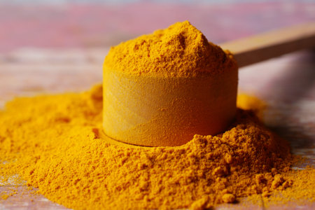 detail shot of turmeric root powder in a wooden spoon