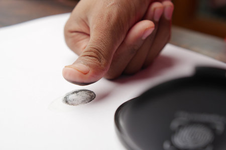person hand putting black fingerprints on a paper close up ,の写真素材