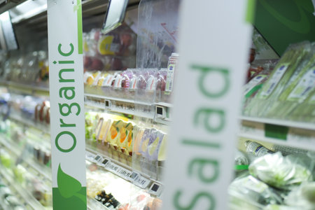 Organic market fruits and vegetables with a banner or textのeditorial素材