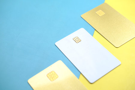 close up of credit cards on color backgroundの写真素材