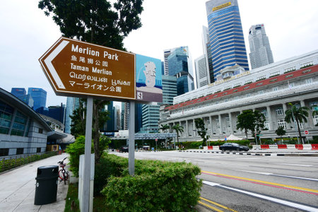 Singapore, marina bay 1 june 2022. Merlion Park sign and financial buildingsのeditorial素材