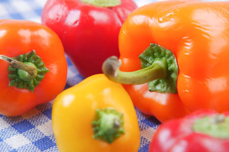 Yellow orange and red capsicum on white backgroundの写真素材