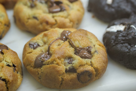 chocolate chip cookies on table close up