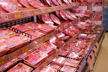 Singapore orchad road 1 june 2021, raw red meat display for sale at shopのeditorial素材
