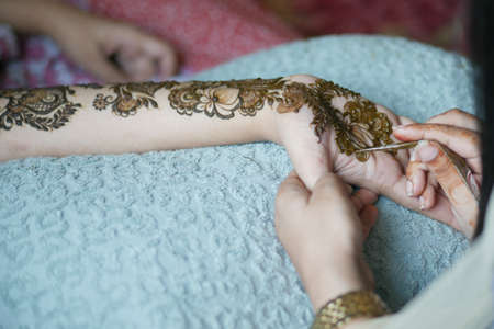 women applying henna on handの写真素材