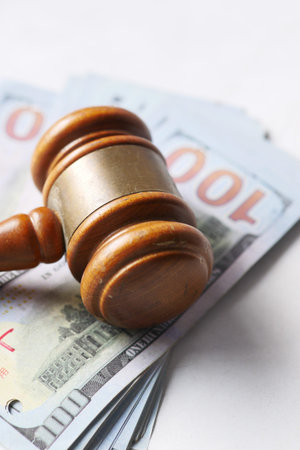 close up of gavel and cash on white background