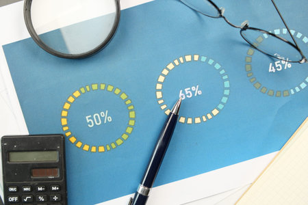 financial graph, calculator and notepad on table