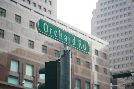 orchad road sing and buildingsの写真素材