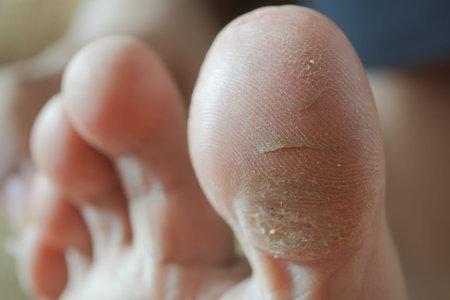 close up of young men dry feet on bed ,の写真素材