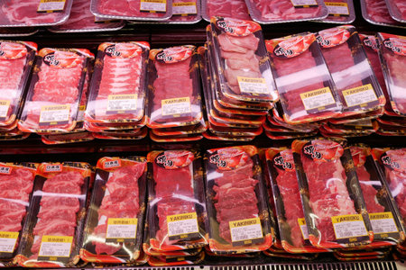 Singapore orchad road 1 june 2021, raw red meat display for sale at shopのeditorial素材