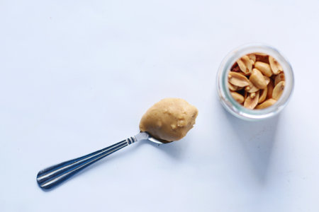 top view of peanut butter in a container ,の写真素材