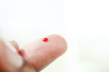 blood on finger, mans hand measuring blood sugar level