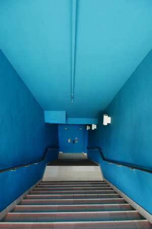 front view of blue color stair outdoorの写真素材