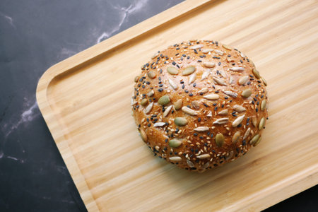 detail shot of sunflower seed baked bread on table