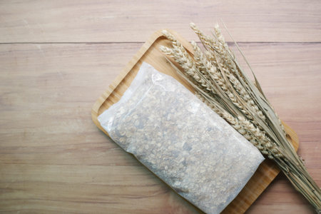 top view of musli cereal in a packet on table .