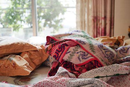 messy bed in early morning , messy bed after waking up
