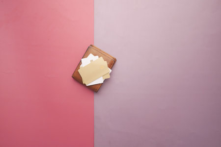 top view of credit cards on wallet on color backgroundの写真素材