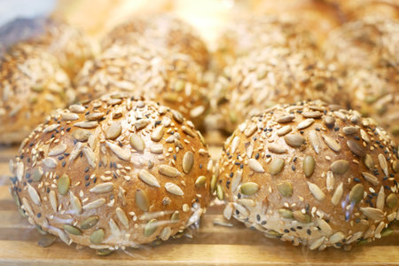 detail shot of sunflower seed baked bread on table