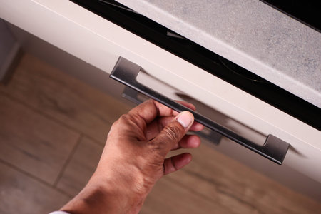 top view of men hand open a a drawerの写真素材