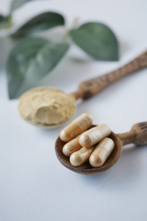 herbal medicine capsule on a wooden spoonの写真素材