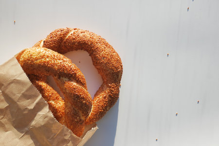 Turkish Bagel Simit on white backgroundの写真素材