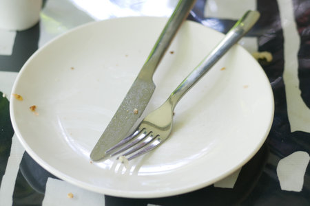 Empty plate after eating on tableの写真素材