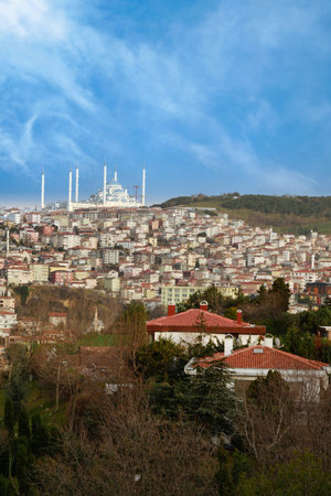 High view of mosque and residences in Istanbul cityの写真素材