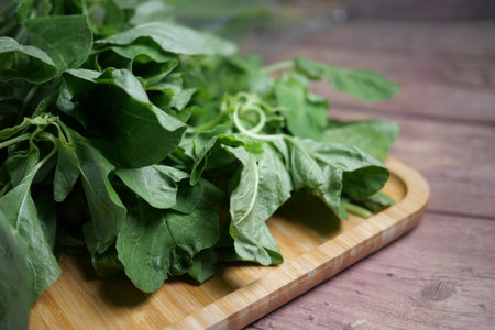 Fresh spinach leaves on table ,の写真素材