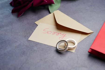 Note with the sorry word next to a wedding ring.の写真素材
