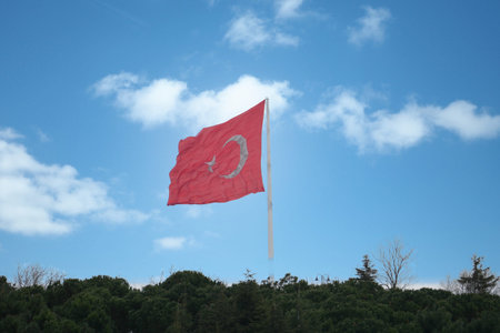 Low Angle View Of Turkish Flag Against Sky.の写真素材