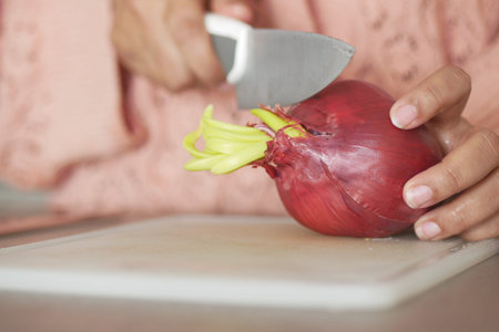 women cutting red onion with a knifeの写真素材
