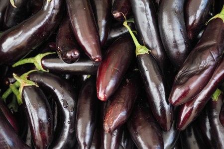 top view of eggplants on tableの写真素材