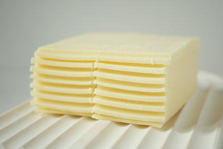 Mozzarella slice of cheese on wooden tableの写真素材