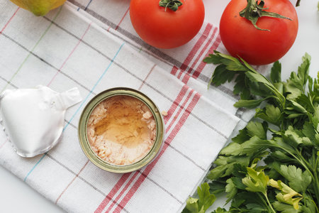 canned tuna on wooden table ,の写真素材