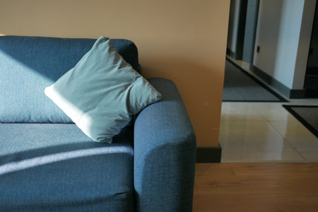 modern blue sofa with pillows in living room at home