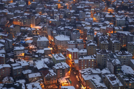 top view of Snow cityscape in istanbul at nightの写真素材