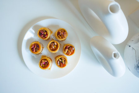 top view of turkish dessert baklava on tableの写真素材