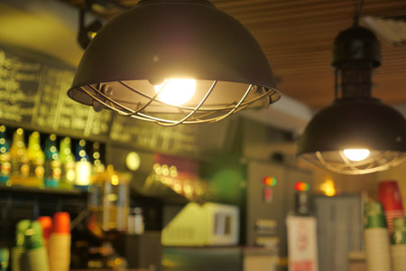 gray ceiling lamp hanging at cafeの写真素材