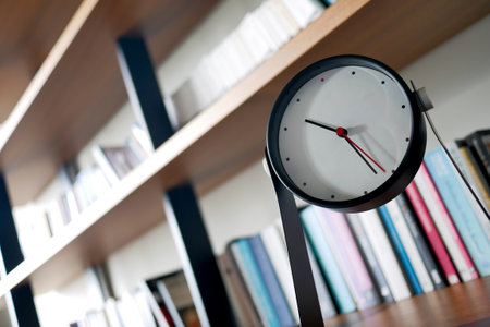 simple modern clock on a book shelf .の写真素材
