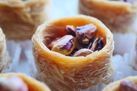 handmade turkish dessert baklava on tableの写真素材