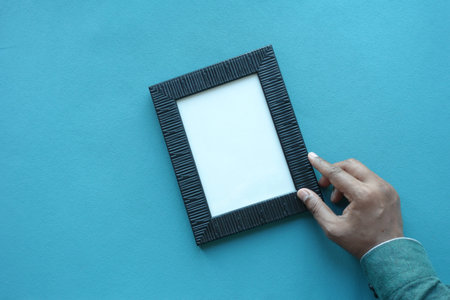 top view of empty frame on tableの写真素材